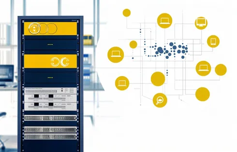 Ein Computer zusammen mit der symbolischen Abbildung eines Netzwerk.