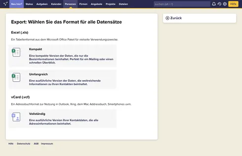 Screenshot der Export-Oberfläche von CentralStatioNCRM.