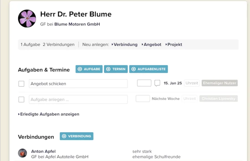 Screenshot der Verbindungen bei CentralStationCRM.