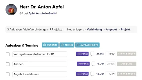 Ein Ausschnitt der Personen-Ansicht bei CentralStationCRM.