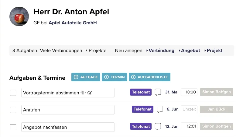 Ein Ausschnitt der Personen-Ansicht bei CentralStationCRM.