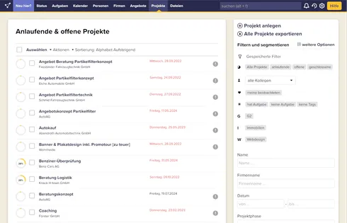 Eine Übersicht der Projekte in CentralStationCRM.