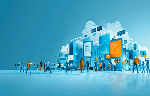 Symbolbild: Menschenmenge unter Wolken-Bildschirm-Mix.