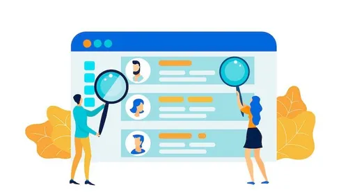 Zwei Personen suchen mit Lupen in einem überdimensionalen Browserfenster nach Kundendaten.